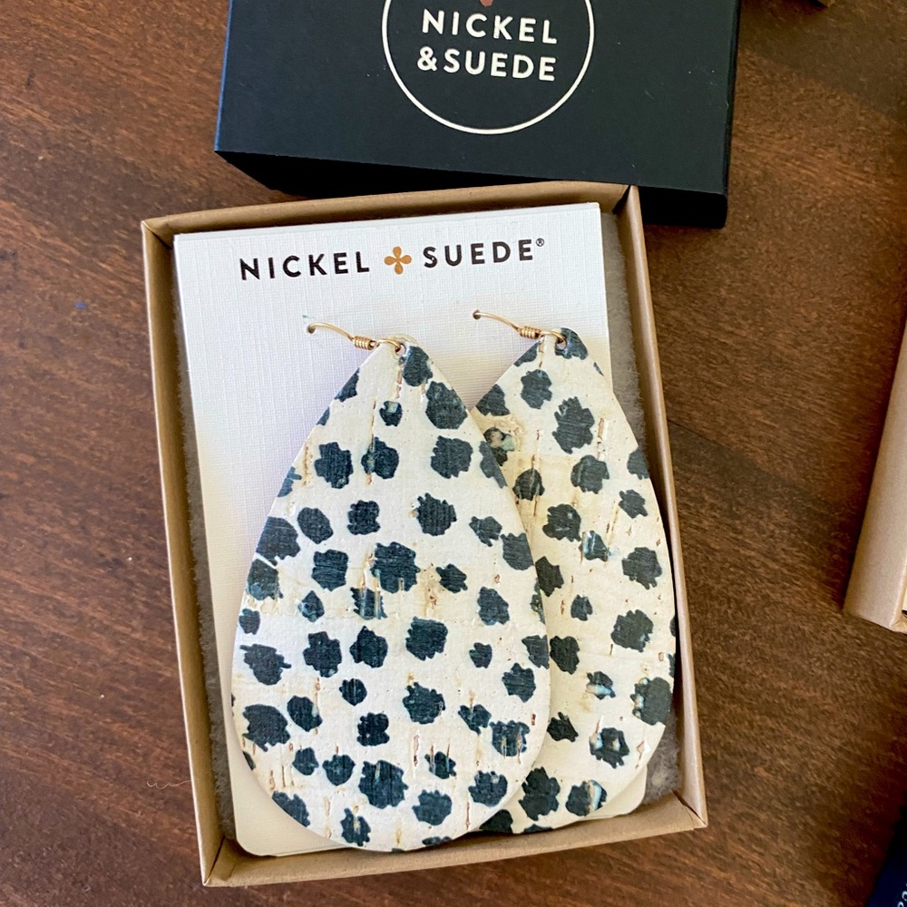 Nickel & Suede Spotted Cork Teardrop Earrings